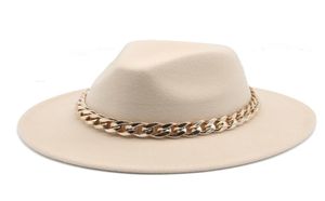 Fedora hattar för kvinnor män brett grim tjockt guldkedjeband filt hatt jazz cap vinter hösten panama röd lyx hatt chapeau femme 213188676