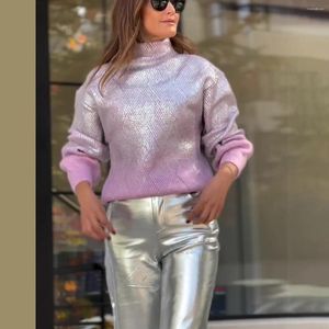 Herrtröjor metallisk färg Turtleneck tröja för kvinnor elegant lös långärmad silver pullover 2024 höst kvinnlig mode avslappnad