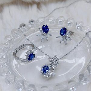 Necklace Earrings Set French High-end Exquisite Sapphire Three-piece Ring Simple And Fresh 925 Sterling Silver Hypoallergenic