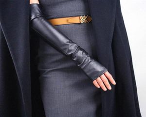 Women039s Thin Long Fingerless Pu Leather Driving Gloves Winter Warm Half Finger Arm Sleeve Nightclub Show Pekskärm Mitten 1813456