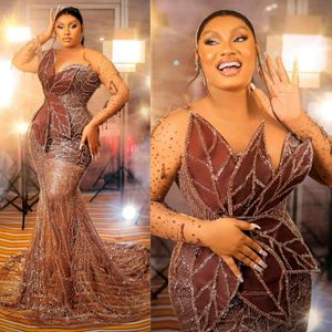 Luxurious Plus Size Aso Ebi Prom Dresses for Special Occasions Brown Mermaid Illusion Long Sleeves Evening Formal Dresses Birthday Party Gown Engagement Gown ST707