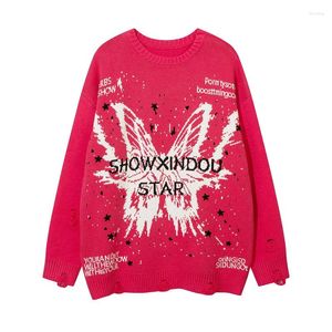 Męskie swetry jesienne zima moda Zagniona dziura Hip Hop Punk Sweater mężczyźni kobiety Butterfly Wzór harajuku swobodny różowy dzianin pull homme