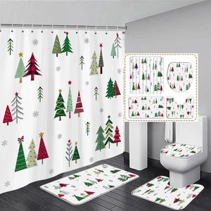 Christmas Tree Shower Curtain Red Green Pine Snowflake Winter Holiday Curtains Carpet Sets Bathroom Decor 231225