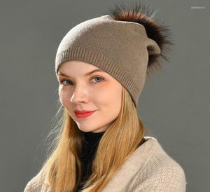 Beanieskull Caps Hela REAL RACCON FUR POM Sticked Hat Women Beanies Cashmere Winter Female Girl Cotton Skallies Wool Beanie9600680