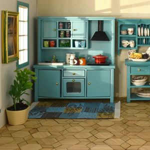 Dollhouse Miniature 1/12 Furniture Wooden Kitchen Items Cupboard Cabinet With Stove Sink Dining Table And Chairs Set Accessories 231225