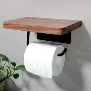 Toilet Paper Holder with Natural Walnut Wooden Shelf Tissue Roll Hanger Wall Mounted Paper Towel Bar 304 Stainless Steel Paper 231222