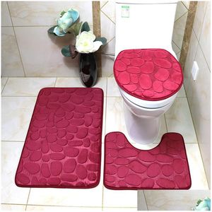 バスマット3PCS/セットマットフランネルアンチスリップ吸収性バスルーム石畳の床トイレの蓋