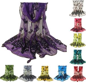 スカーフデザイン女性シフォンピーコックフェザーフラワー花刺繍レーススタイリッシュスカーフ長いソフトラップショールレディースストール4060662