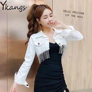 Jacken Strassstein Quaste Fringe White Black Jean Jackets Frauen Haruku Denim Coat Knopf Frühling Herbst Koreanische Y2k Streetwear Crop Top