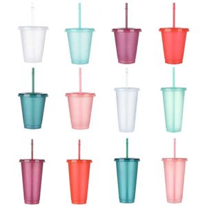 Yeniden kullanılabilir parıltılı toz çizgili bardak içecek şişesi ile kapak sert plastik açık spor fincan sızıntı geçirmez içecek 231225