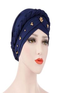 Turbante musulmano Cappello elasticizzato Treccia Hijab Cap Avvolgere la testa Perdita di capelli Sciarpa per la testa Perline di seta del latte Accessori moda donna5486500
