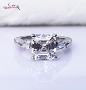 Colorfish Luxury Asscher klippte tre stenförlovningsring 3 karat lysande syntetiska NSCD kvinnor 925 Sterling Silver Wedding Ring J2755120