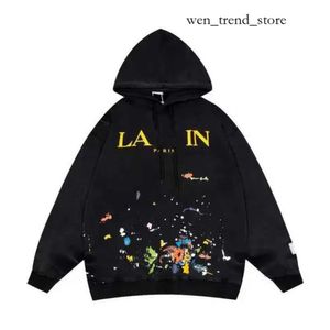 Lanvins Erkek Sweatshirts Tasarımcı Lüks Klasik Moda Gelgit gevşek ve çok yönlü sıçrama mürekkep grafiti baskılı kapüşonlu kazak erkekler için 559