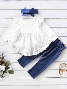 Kläderuppsättningar Baby Girl Clothing 3st Ruffle Trim Flounce Sleeve Top Belted Pants Söta pannband Casual Baby Set Fall Winter for Girl