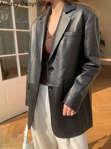 Koreańska czarna skórzana kurtka moto High Street Chic Lose Suit Blazers Streetwear Ladies Mash