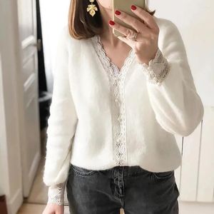 Malhas femininas aich espelho wei lace sólida retalhos de renda jacquard knit cardigans women women v-gonga de manga comprida botão feminino suéter feminino casual casual lady