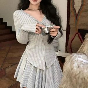 Casual Dresses Hsa Grey V-neck Wooden Ear Edge Long Sleeved Knitted Cardigan Top For Women's Autumn Winter Half Skirt A-line Short Fall