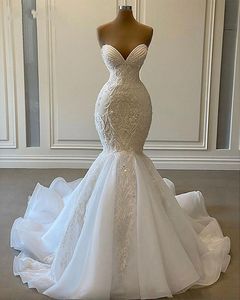 Sexy Sweetheart Mermaid African Wedding Dresses 2024 Luxury Beaded Embroidery Women White Organza Bridal Wedding Gowns