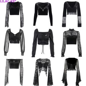 Camicie goth goth sexy mesh a maglie a maniche lunghe a maniche lunghe si tops y2k hauku estetico estetico magliette nere donne top top tees streetwear