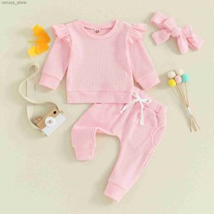 衣料品セット3PCSプリンセスベビーガールズ衣装春秋の子供の子供服フリル長袖スウェットシャツスウェットパンツヘッドバンド幼児セット