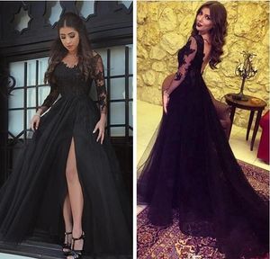 Sexy Backless Evening Dresses Wear V Neck Sheer Long Sleeves Black Prom Dress New Lace Appliques high Side Split Formal Party Gowns