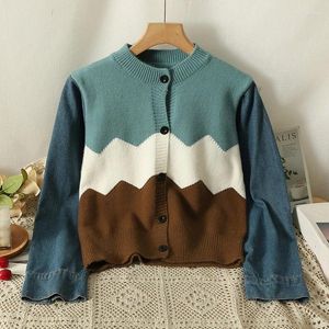 Women's Knits Hikigawa Autumn Contrast Color Denim Patchwork Women Sweater Caots Chic Fashion Sweet Knitted Cardigan Vintage Jumpers Top