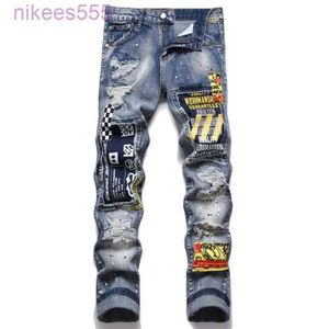 Designer New 2023 Autumn Men's Jeans Fashionable Urban Distressed Print Patchwork Mid Rise Pants