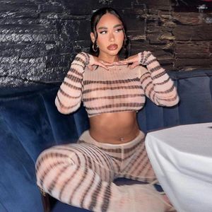 Women's Two Piece Pants Fall 2 Set Women Printed Long Sleeve Crop Tops Flare Outfits Mesh Sets