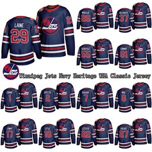 Herren Winnipeg Jets 2019-20 Navy Heritage WHA Classic Jersey 29 Patrik Laine 26 Blake Wheeler Benutzerdefinierte Hockey-Trikots mit beliebigem Namen und beliebiger Nummer