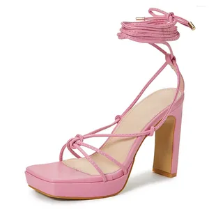 Сандалии зашнуруют открытые блок -пятки на каблуке лодыжки высокие каблуки, гладиатор римские туфли для женских вечеринок свадьба розовый черный