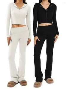 Zweiteilige Hosen für Frauen 2024 Casual Ribbed Strick Lounge Set Langarm Zip -Up -Hoodie mit hoher Taille Weitbein 2 Loungewear -Ensemble -Sets