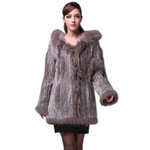 Giacche 2021 Lady Knitted Real Genuine Rabbit Fur Coat/ Giacca/ Uscita/ Indumento con cappuccio da colletto Donne lunghe con nappe