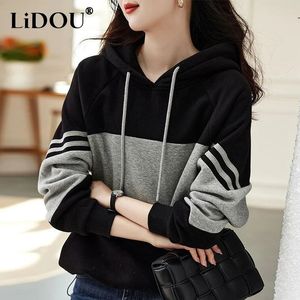 Autumn Winter Loose Casual Patchwork Hoodies Ladies Simple Fashion All-match Pullover Top Women Hooded Sweatshirt Female Clothes 231225