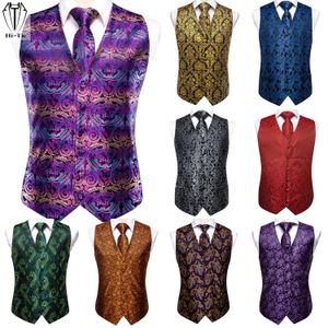 Jackor Hitie Jacquard Woven Silk Men Vest Purple Pink Red Blue Green Waistcoat Tie Hanky ​​manschettknappar Set For Men Wedding Office Gift XXL