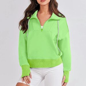 Women's Hoodies Solid Color Half Zip Loose Sweatshirt Quarter Trendy Long Sleeve Cropped Pullover With Thumb Hole High Street Streetwear