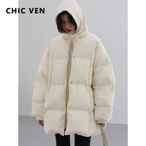 Jackets Chic Ven Women's Down Coat Solid Loose Casual 90 White Duck Down Down Jacket with Warm Scarf Medium Length Overcoat Winter 2023