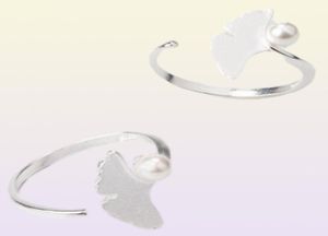 Antique Srebrny Ginkgo Leaf Rośl Pierścień Pierścień otwarcia dla kobiet Eleganckie pierścionki ślubne imitacja Pearl Piękny prezent22170247124315
