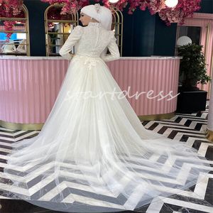 Luxus muslimischem Merrmaid Hochzeitskleid mit abnehmbarem Zug Fulllace Country Style Islamische Brautkleider hoher Nacken Langarm 2 in 1 spitzen Prinzessin Brautkleid