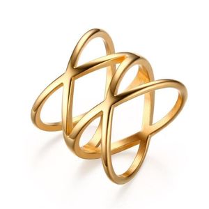 Klusterringar rostfritt stål för kvinnor guld ihåliga ring smycken dubbel x cross bröllop band acero oxidable joyeria mujer271r