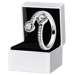 Square and round CZ diamond Open RING Sterling Silver Women Wedding Jewelry For girlfriend Gift Rings with Original Box