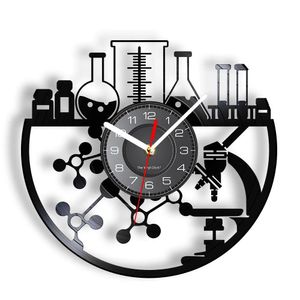 Klockor Desk bordsklockor Kemiskt experiment Vinyl Record Wall Clock Chemistry Microscope Bunsen Retro Wall Watch Laboratory Science Deco