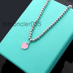 Womens Single Heart Round Bead Chain Necklace Designer Jewelry Blue/Pink/Red With Drip Oil Complete Brand As Wedding Christmas Gift XQ68