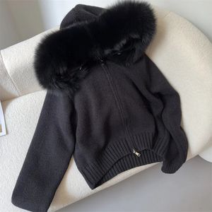 OftBuy Fashion Autumn Winter Castary Hooded Real Fox Fur Collar Short Night Jacket with Natural Coat for Women 231222