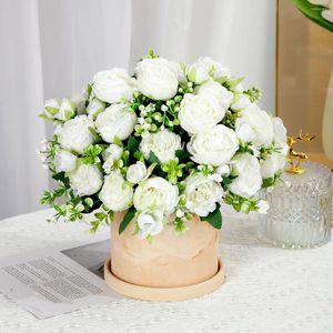 Decorative Flowers 32cm Rose Pink Silk Peony Artificial Bouquet 5 Big Head And 4 Bud Fake For Home Wedding Decoration Indoor