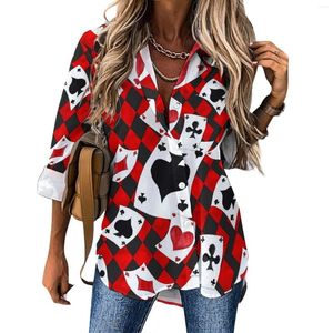 Kvinnor Bluses Poker Cards Loose Blouse Playing Street Fashion Overdized Womens Long-Sleeve Vintage Shirt Spring Graphic Tops