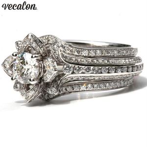 Set di anelli floreali vecalon 3-in-1 925 anelli di fedi nuziali in fidanzamento con diamante in argento sterling per donne di lusso gioielli di dita di lusso270i