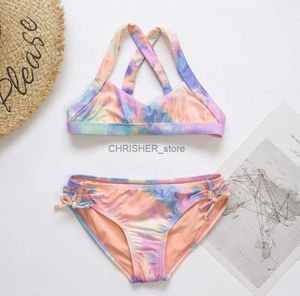 Conjunto de biquínis gradiente tie-tingido crianças meninas maiô 2023 hotsale criança estudantes bandagem conjunto de biquíni crianças verão beachwear biquiniL231225