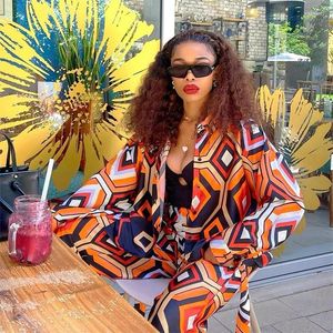 Women's Two Piece Pants Elegant Set Printed Outfits Dashiki African Clothes Women Casual Long Sleeve Blouse Shirt And Trousers 2pcs Suit