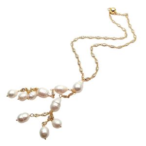 ネックレスYygem Oval CZ Bezel Chain Cultured Freshwater White Rice Pearl Cubic Zirconiaネックレス18 