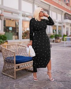 Casual Dresses 2023 Luxury Designer Black Young Sexy Sweet Round Neck Full Sleeve High midja Kvinnor Skinn Lång asymmetrisk klänning